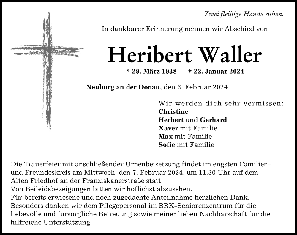 Traueranzeige von Heribert Waller von Neuburger Rundschau