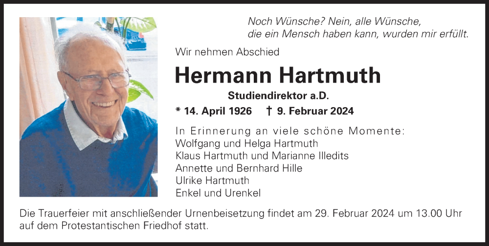 Traueranzeige von Hermann Hartmuth von Augsburger Allgemeine