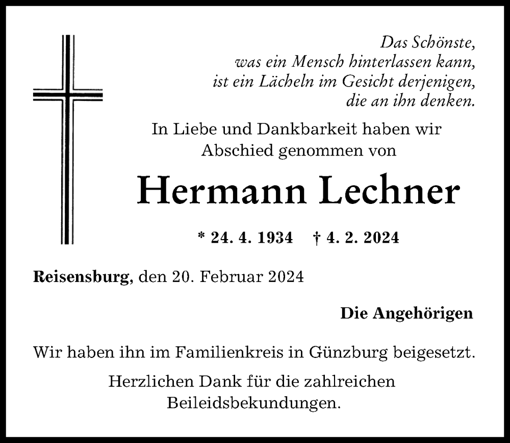 Traueranzeige von Hermann Lechner von Günzburger Zeitung
