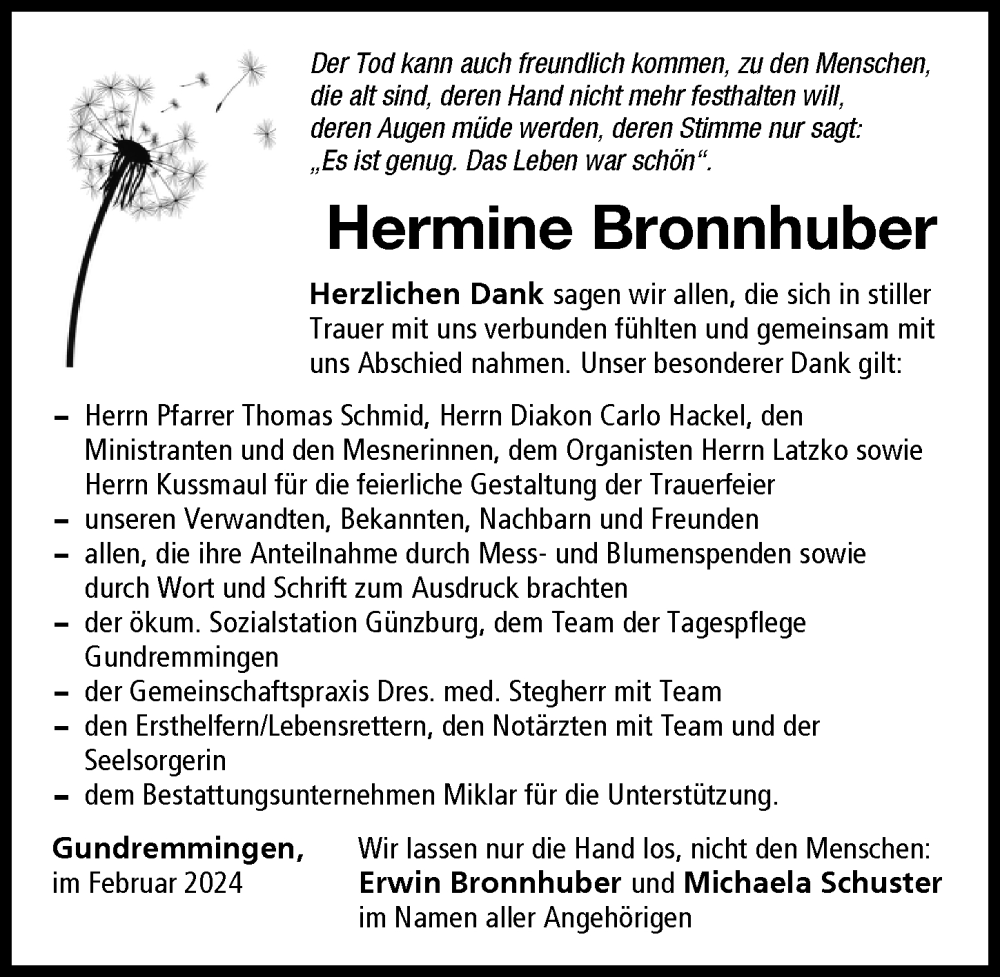 Traueranzeige von Hermine Bronnhuber von Donau Zeitung