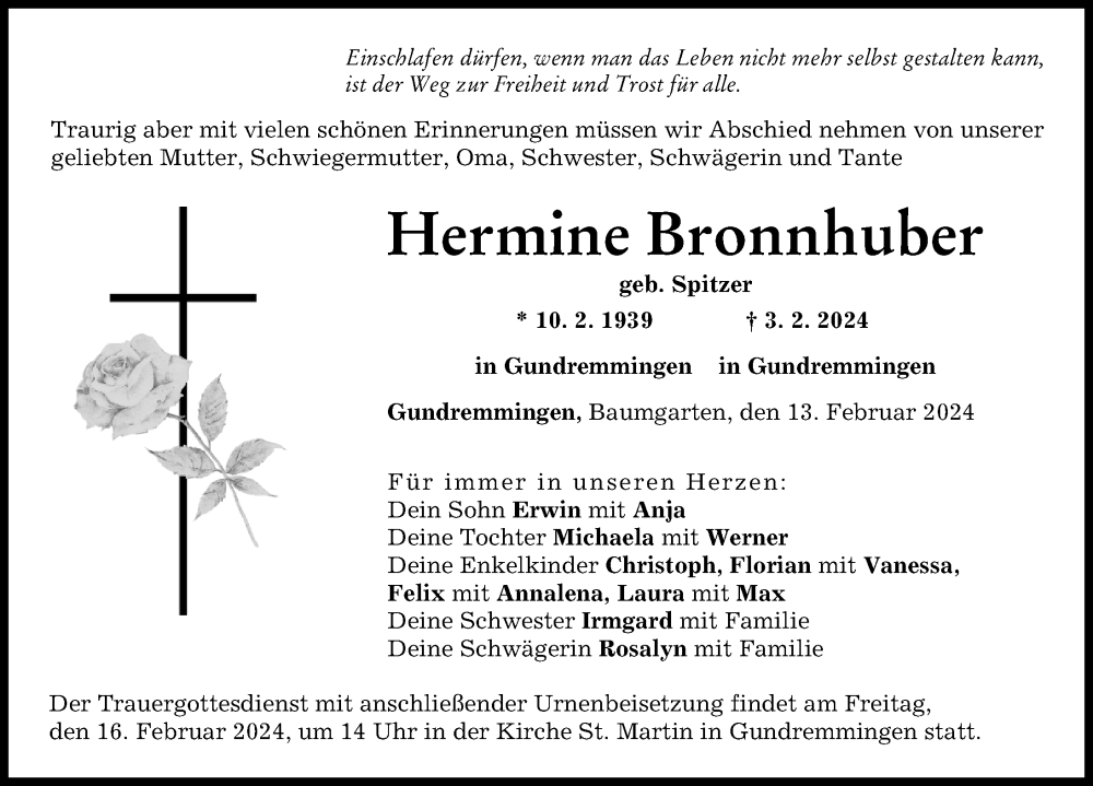 Traueranzeige von Hermine Bronnhuber von Günzburger Zeitung