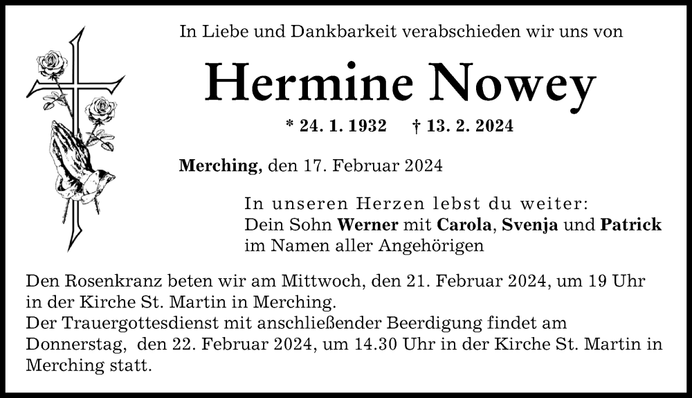 Traueranzeige von Hermine Nowey von Friedberger Allgemeine