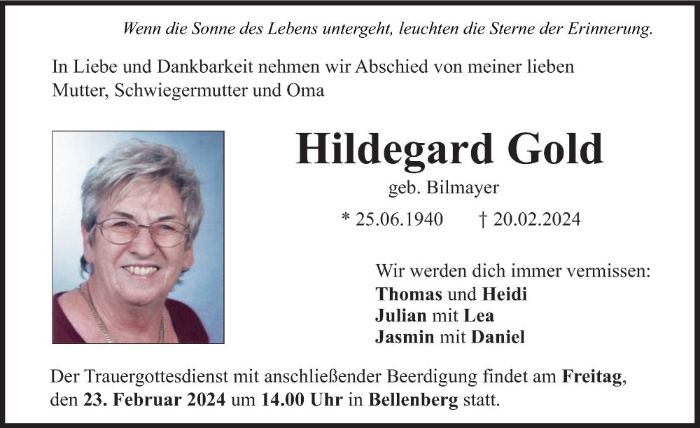 Traueranzeige von Hildegard Gold von Illertisser Zeitung