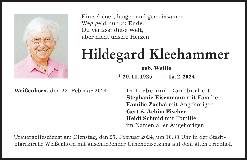 Traueranzeige von Hildegard Kleehammer von Neu-Ulmer Zeitung