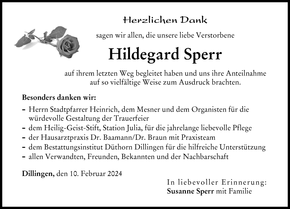 Traueranzeige von Hildegard Sperr von Donau Zeitung