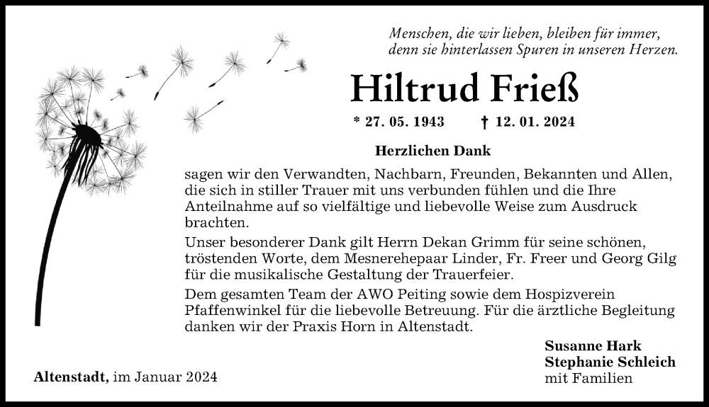 Traueranzeige von Hiltrud Frieß von Landsberger Tagblatt