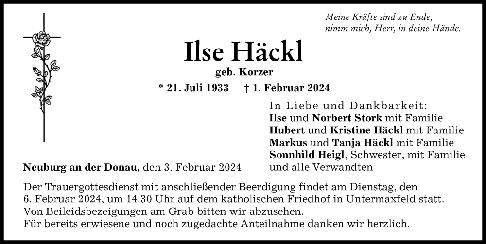 Traueranzeige von Ilse Häckl von Neuburger Rundschau