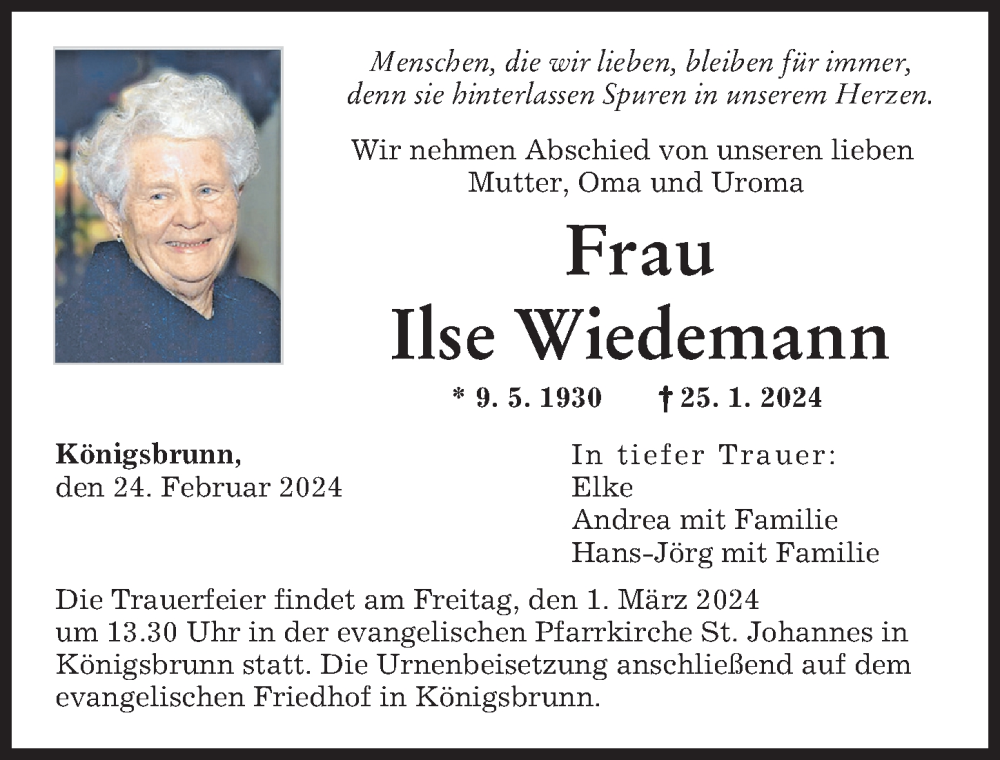 Traueranzeige von Ilse Wiedemann von Augsburger Allgemeine