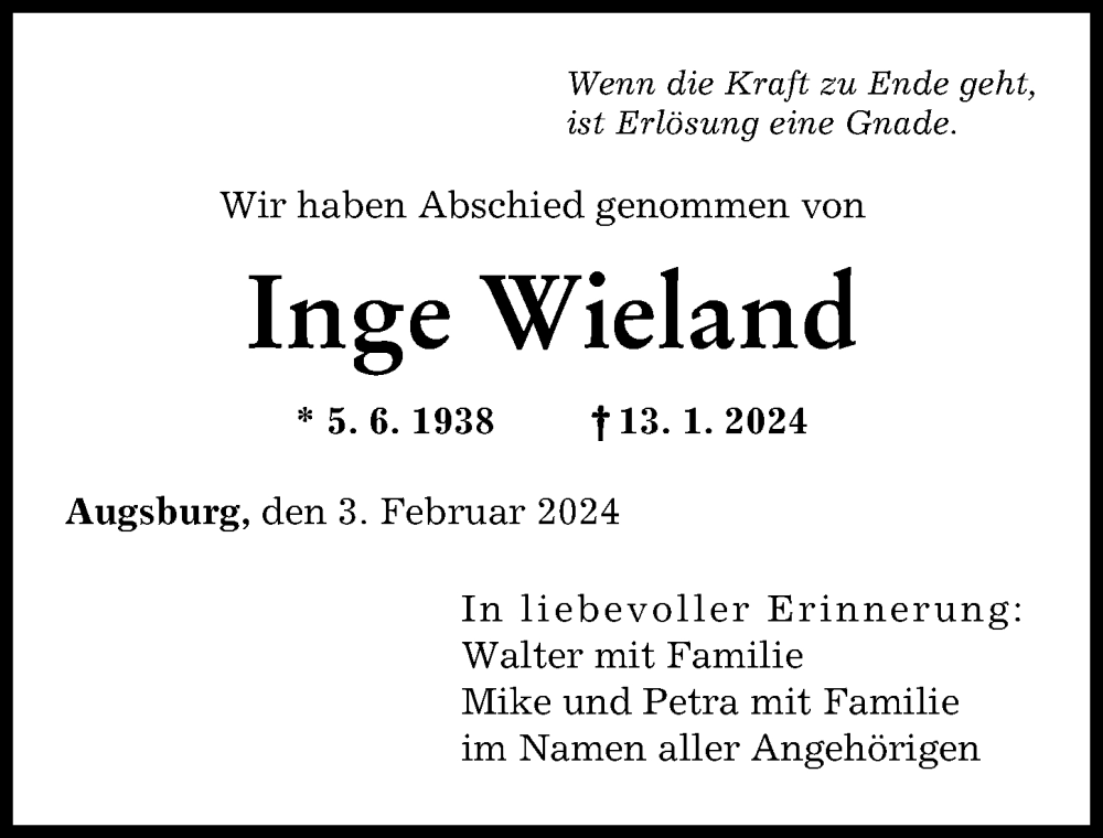 Traueranzeige von Inge Wieland von Augsburger Allgemeine