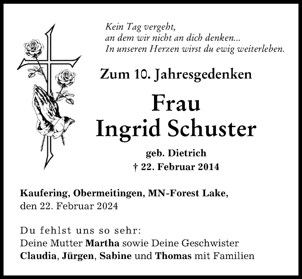 Traueranzeige von Ingrid Schuster von Landsberger Tagblatt, Schwabmünchner Allgemeine
