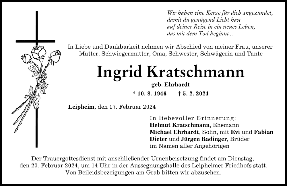 Traueranzeige von Ingrid Kratschmann von Günzburger Zeitung