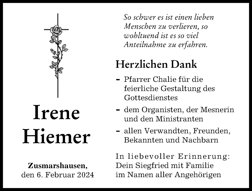 Traueranzeige von Irene Hiemer von Augsburger Allgemeine