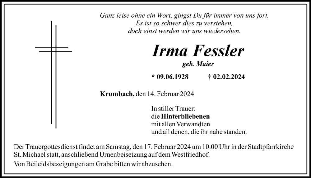 Traueranzeige von Irma Fessler von Mittelschwäbische Nachrichten