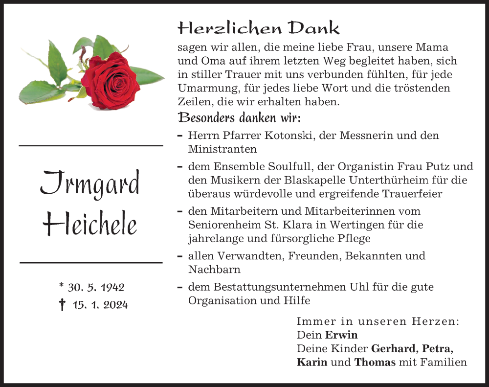 Traueranzeige von Irmgard Heichele von Wertinger Zeitung, Donau Zeitung