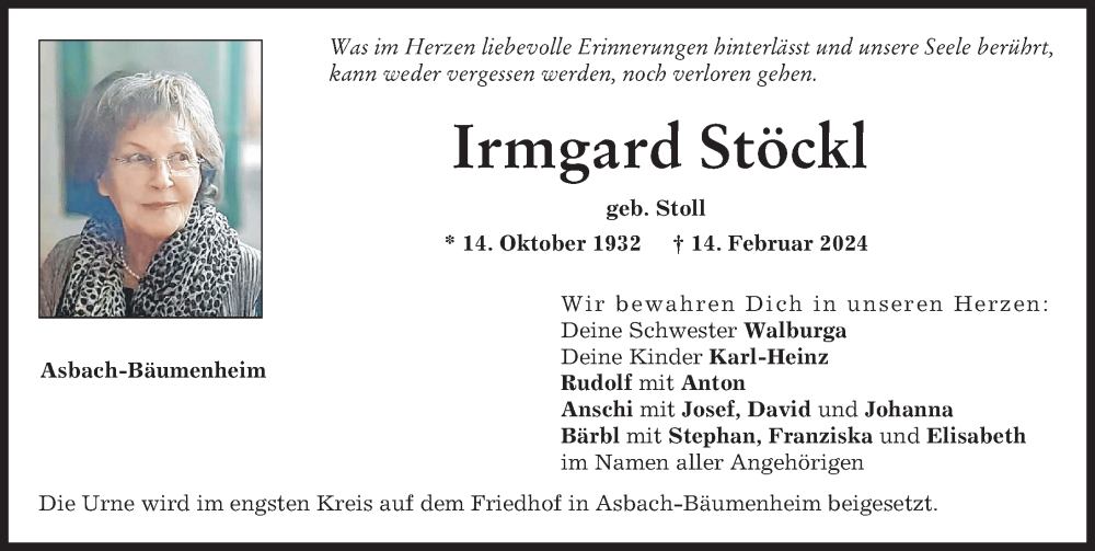 Traueranzeige von Irmgard Stöckl von Donauwörther Zeitung