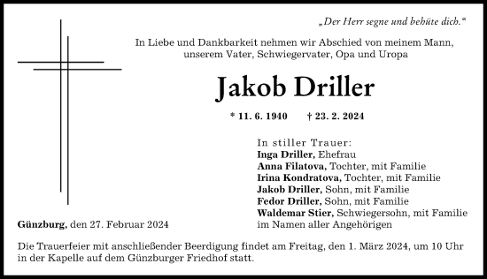 Traueranzeige von Jakob Driller von Günzburger Zeitung