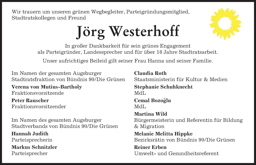 Traueranzeige von Jörg Westerhoff von Augsburger Allgemeine