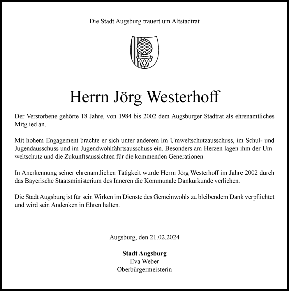 Traueranzeige von Jörg Westerhoff von Augsburger Allgemeine
