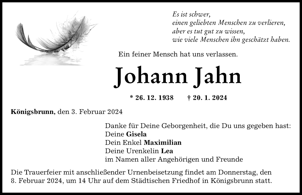 Traueranzeige von Johann Jahn von Schwabmünchner Allgemeine