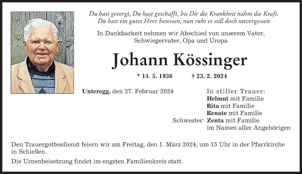 Traueranzeige von Johann Kössinger von Neu-Ulmer Zeitung