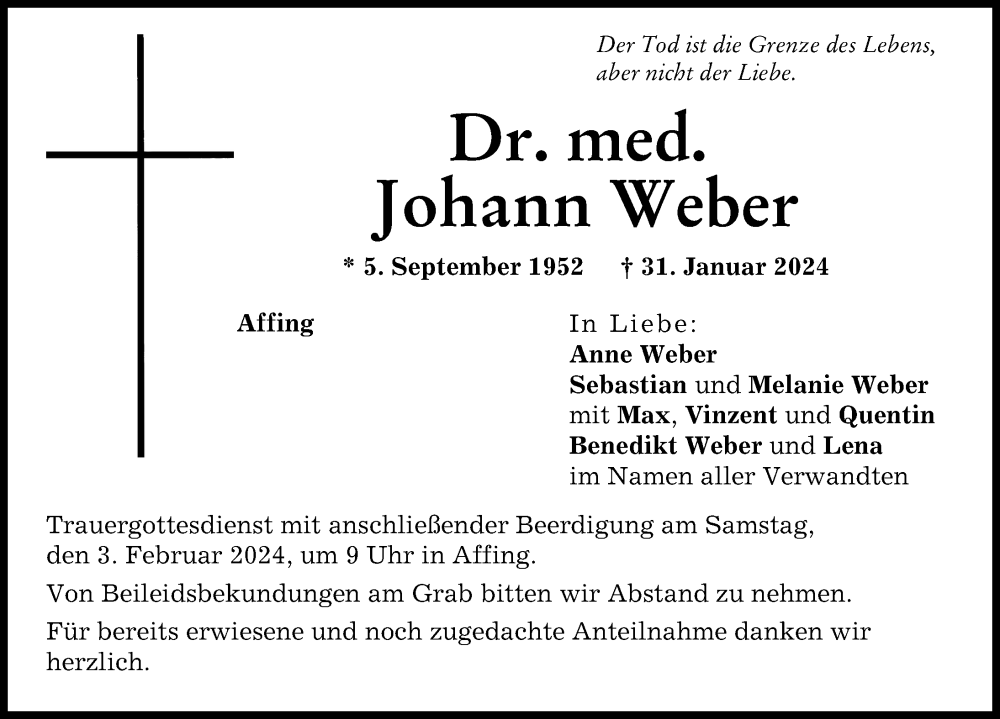 Traueranzeige von Johann Weber von Aichacher Nachrichten