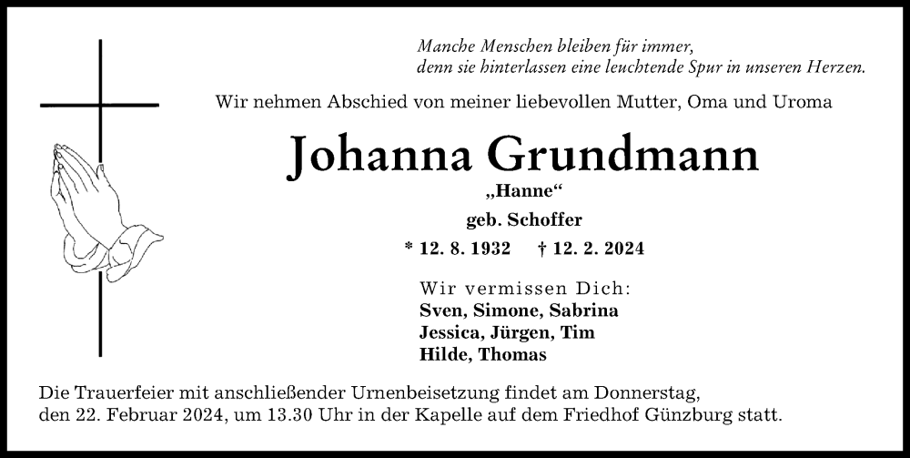 Traueranzeige von Johanna Grundmann von Günzburger Zeitung