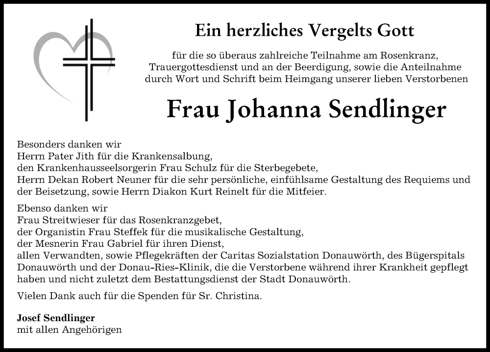 Traueranzeige von Johanna Sendlinger von Donauwörther Zeitung