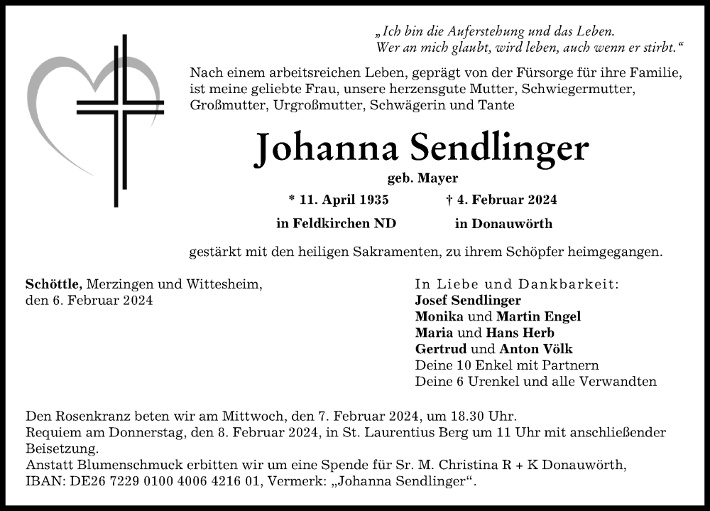 Traueranzeige von Johanna Sendlinger von Rieser Nachrichten, Donauwörther Zeitung