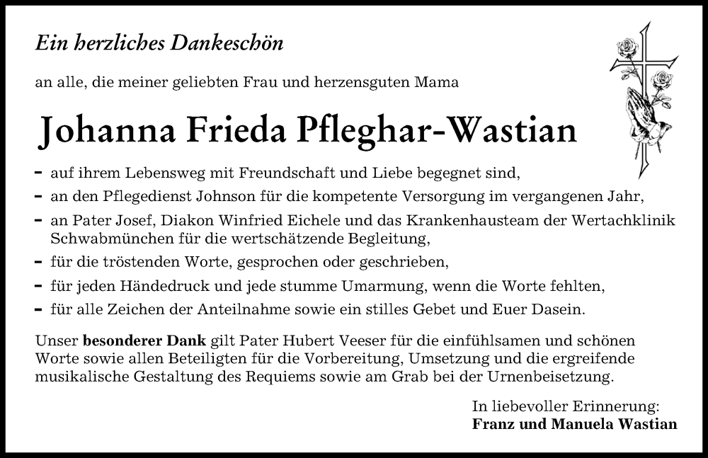 Traueranzeige von Johanna Frieda Pfleghar-Wastian von Mindelheimer Zeitung