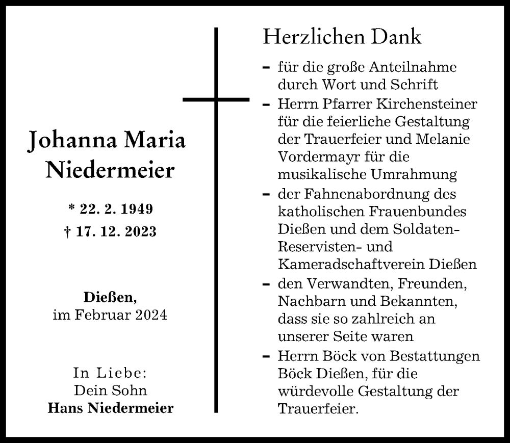 Traueranzeige von Johanna Maria Niedermeier von Ammersee Kurier