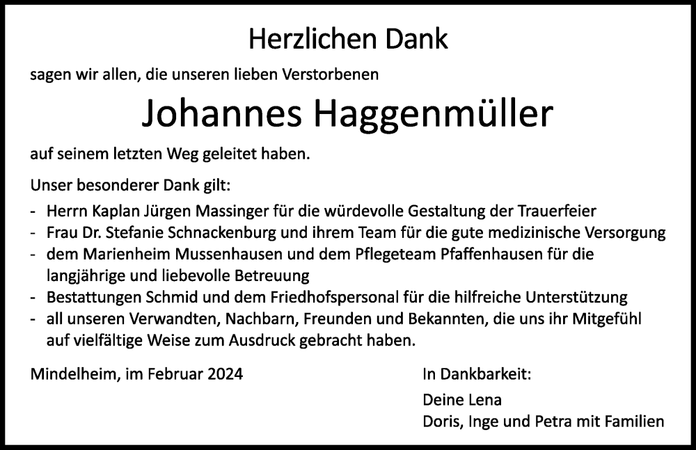 Traueranzeige von Johannes Haggenmüller von Mindelheimer Zeitung