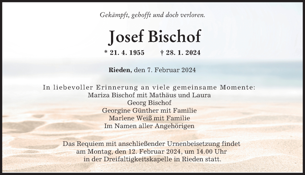 Traueranzeige von Josef Bischof von Günzburger Zeitung