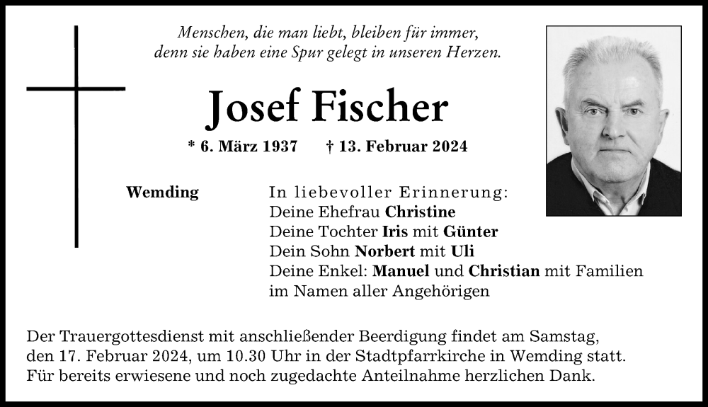 Traueranzeige von Josef Fischer von Donauwörther Zeitung