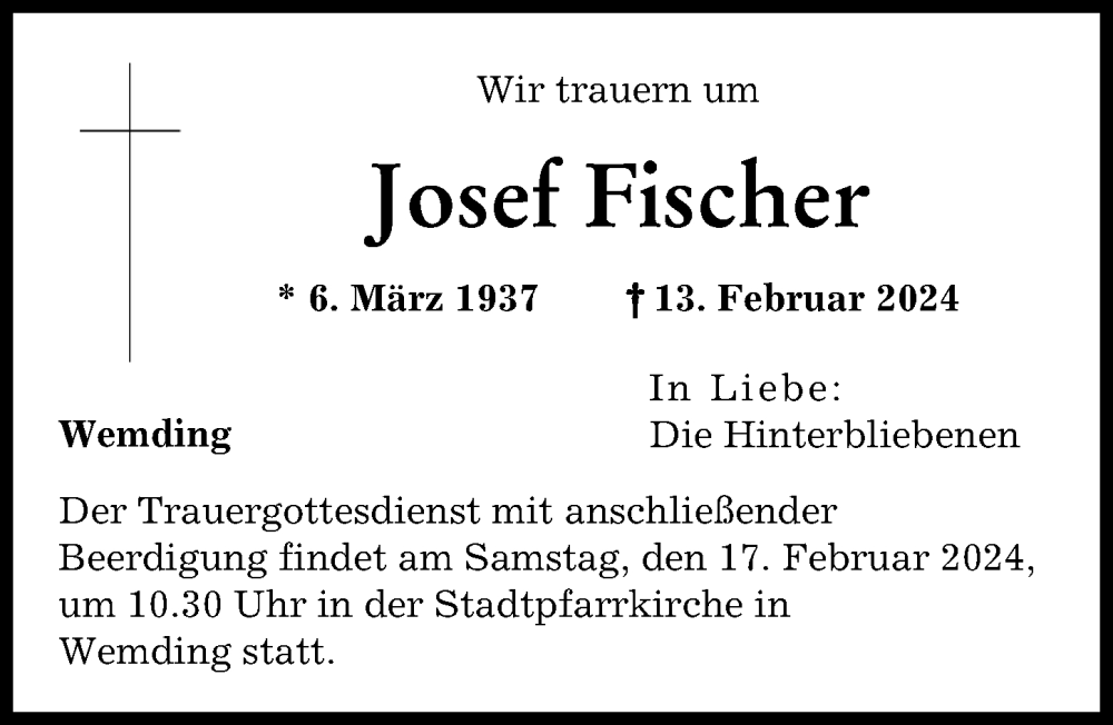 Traueranzeige von Josef Fischer von Rieser Nachrichten