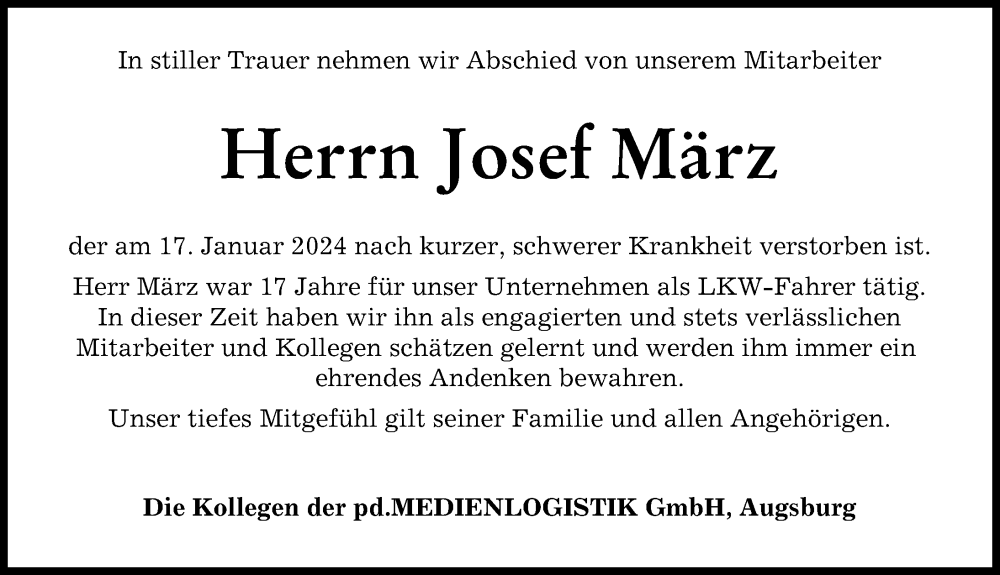 Traueranzeige für Josef März vom 10.02.2024 aus Augsburger Allgemeine