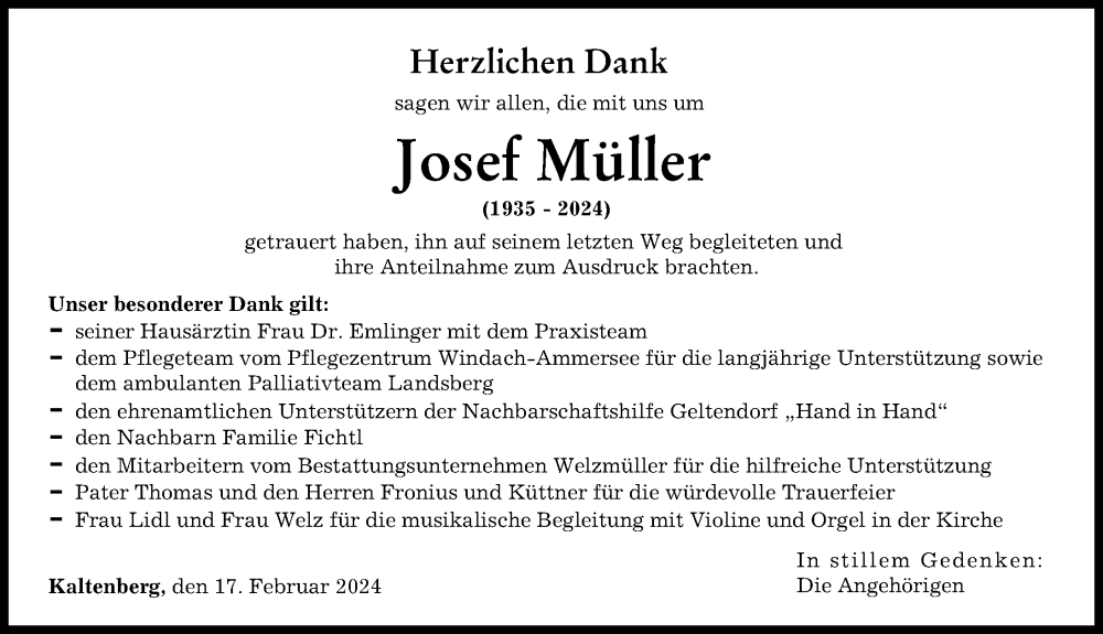 Traueranzeige von Josef Müller von Landsberger Tagblatt