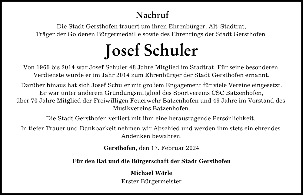  Traueranzeige für Josef Schuler vom 17.02.2024 aus Augsburger Allgemeine