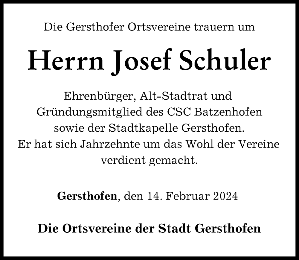  Traueranzeige für Josef Schuler vom 17.02.2024 aus Augsburg-Land