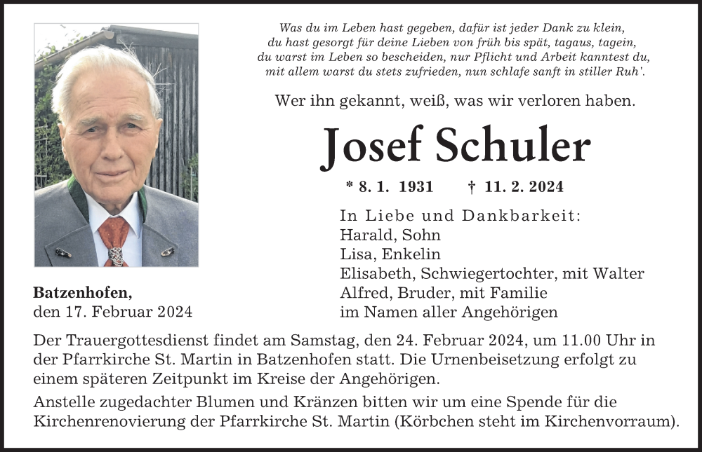  Traueranzeige für Josef Schuler vom 17.02.2024 aus Augsburger Allgemeine
