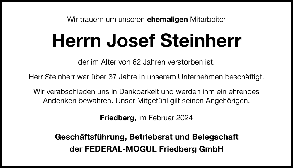 Traueranzeige von Josef Steinherr von Friedberger Allgemeine