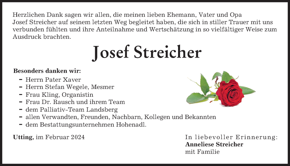 Traueranzeige von Josef Streicher von Landsberger Tagblatt