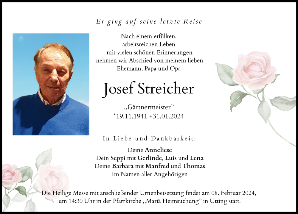 Traueranzeige von Josef Streicher von Ammersee Kurier