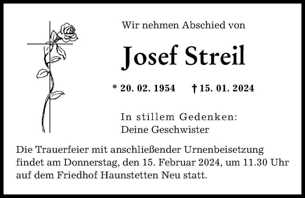 Traueranzeige von Josef Streil von Augsburger Allgemeine