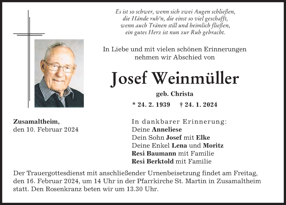  Traueranzeige für Josef Weinmüller vom 10.02.2024 aus Wertinger Zeitung