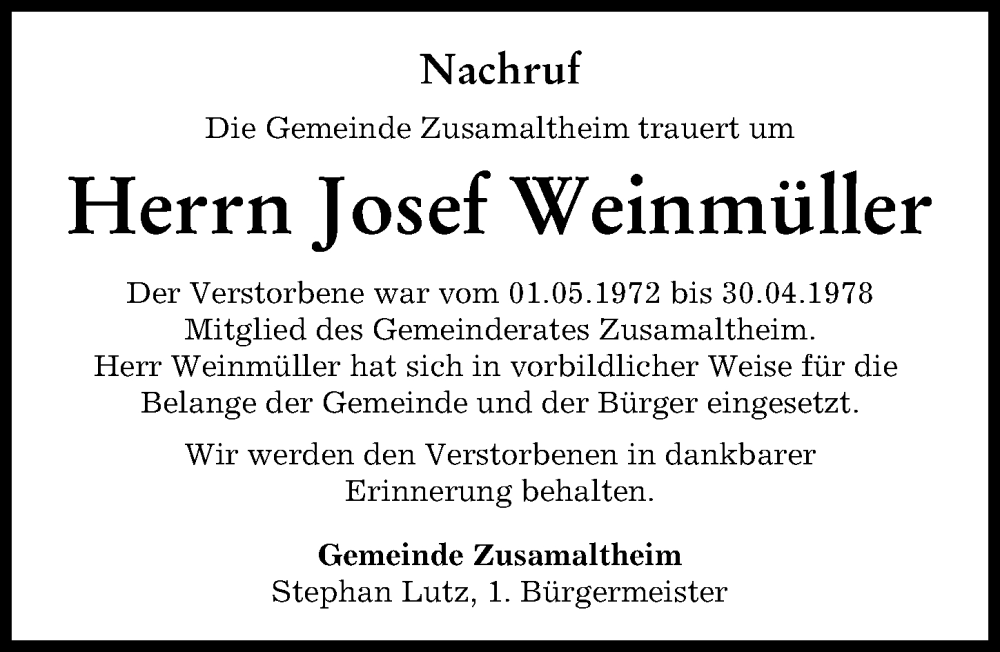 Traueranzeige von Josef Weinmüller von Wertinger Zeitung