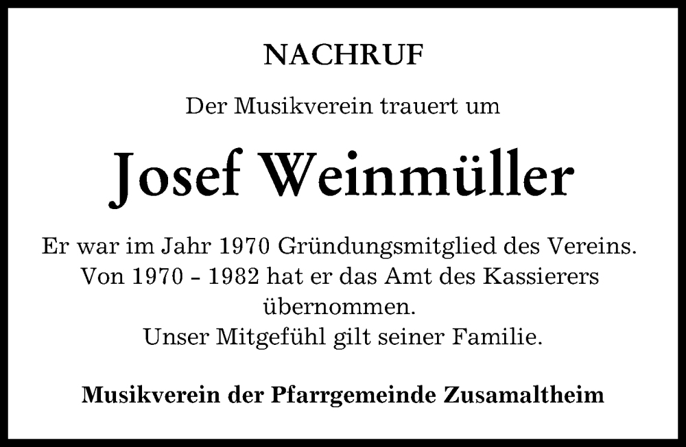 Traueranzeige von Josef Weinmüller von Wertinger Zeitung