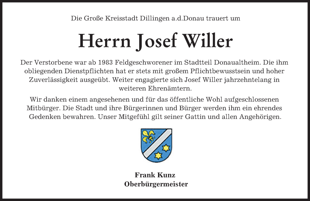 Traueranzeige von Josef Willer von Donau Zeitung