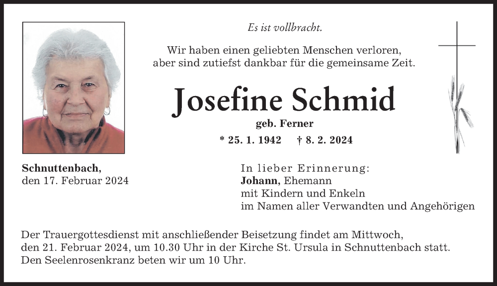 Traueranzeige von Josefine Schmid von Günzburger Zeitung