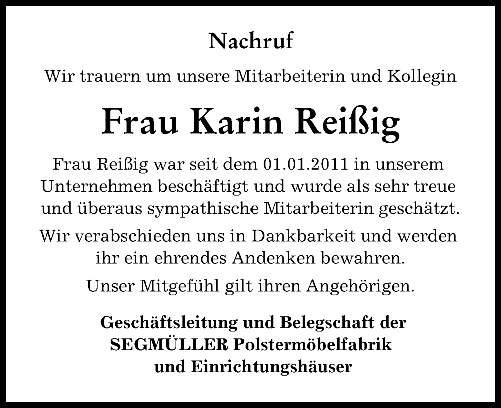 Traueranzeige von Karin Reißig von Friedberger Allgemeine
