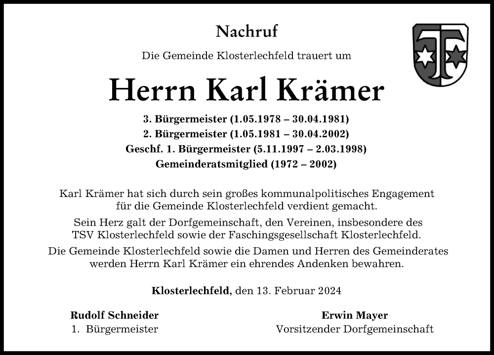 Traueranzeige von Karl Krämer von Schwabmünchner Allgemeine